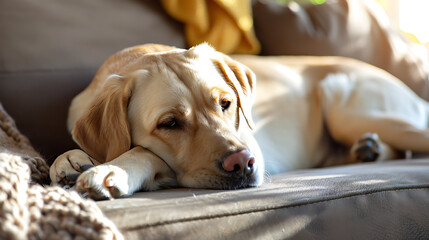 Obraz premium A lazy cute sleepy Labrador Retriever dog puppy lying looking on soft comfy sofa with rug and sunlight shining.