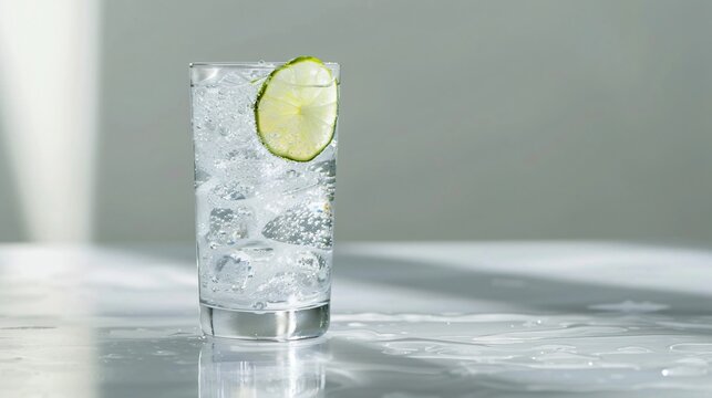 A sleek glass of sparkling soda water with a thin lime slice, set against a smooth, neutral backdrop