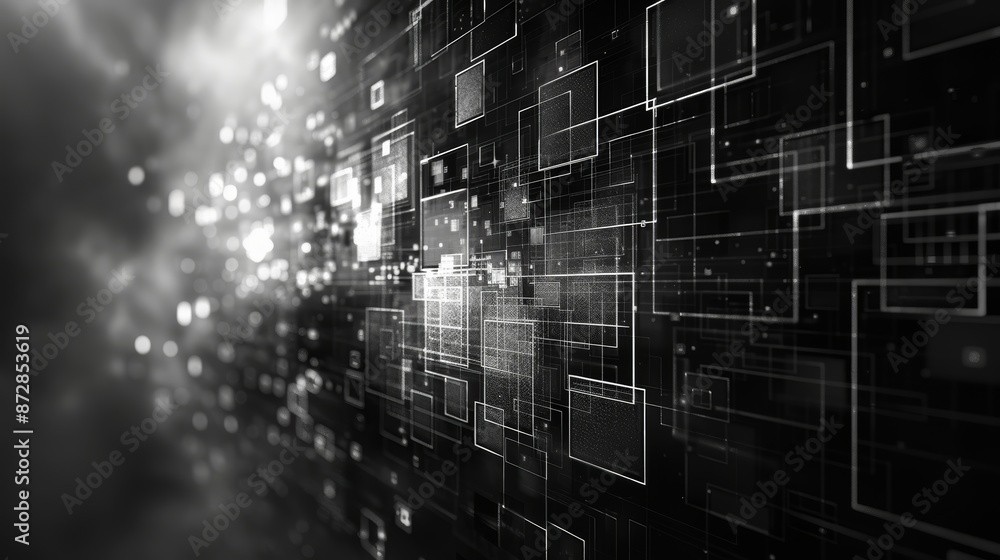 Poster abstract digital background with glowing lines and squares, representing technology and data flow.