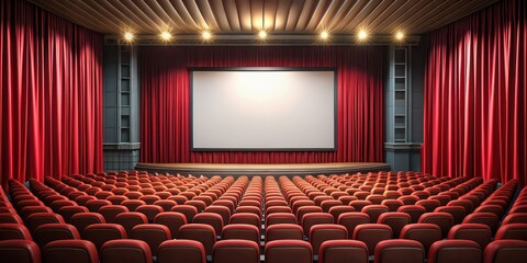 Fototapeta premium Cinema theater frame with seats, screen, and curtains , movie, entertainment, film, theater, auditorium, interior, empty, row