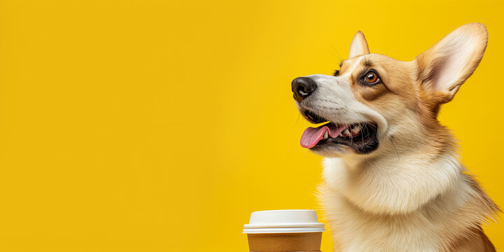 A happy Corgi dog with tan fur is on yellow background next to a recycled takeaway coffee cup, on a teal background. ideal for themes related to pets, coffee, and relaxation. Concept of sustainability