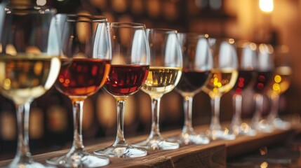 Wine tasting event  rows of wine glasses on buffet table   nightlife celebration banner