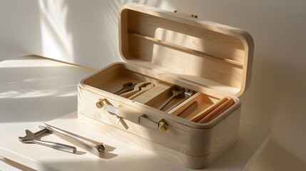 An open, minimalist tool box with a few essential tools neatly arranged inside, set on a plain, light-colored surface
