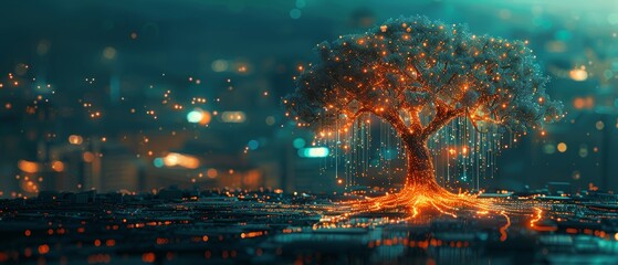 A glowing tree stands tall amidst a city of lights.