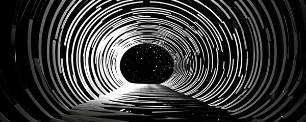 black and white tunnel structure representing data and communication in abstract geometry