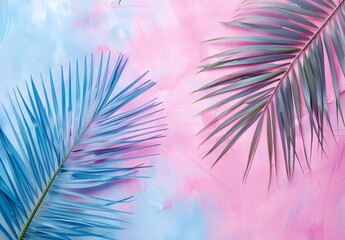Tropical Palm Leaves on Pastel Pink and Blue Background