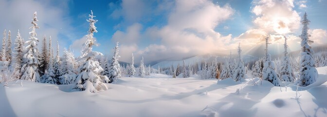 Snowy Mountain Landscape with Sun Rays