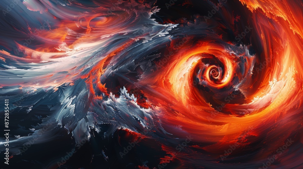 Poster abstract swirl of red, white and blue, creating a fiery, dynamic effect.