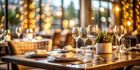 Elegant minimalist table setting in upscale restaurant with soft bokeh background, elegant, minimalist, table setting