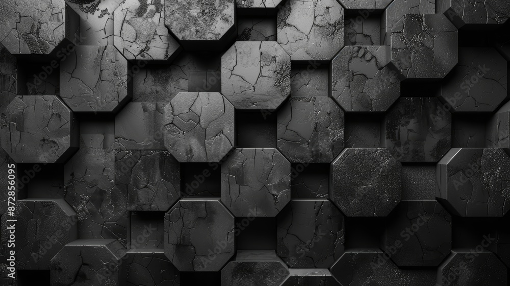 Poster abstract geometric pattern of black octagons. a 3d rendered image of a textured, modern surface. sui