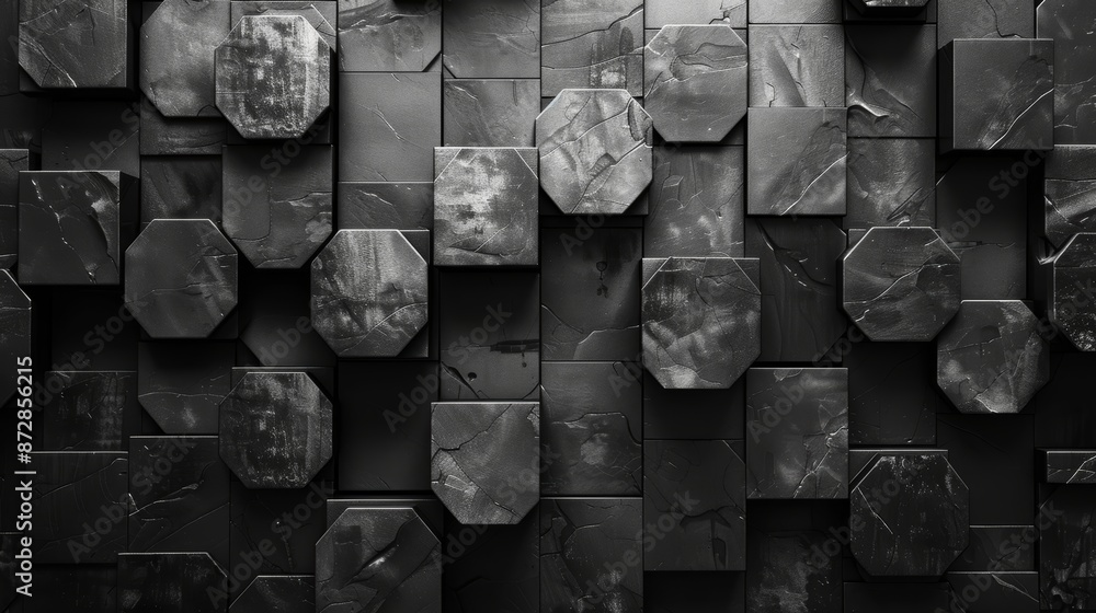Poster abstract black and white geometric pattern of octagons and rectangles.