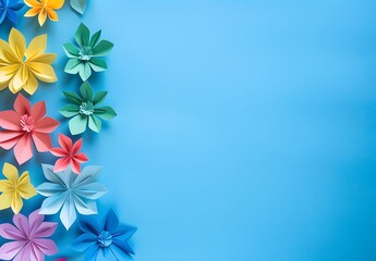Fototapeta premium Colorful Paper Flowers on Blue Background