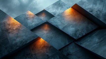 Abstract geometric background with dark blue and orange tones.  Light shines from within the intersecting cubes, creating a dramatic effect.