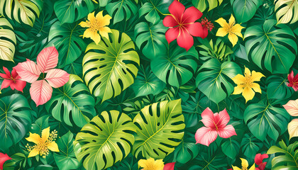 Fototapeta premium A captivating illustration featuring a pattern of tropical leaves and vibrant flowers, showcasing lush greenery and colorful blooms against a dark background.