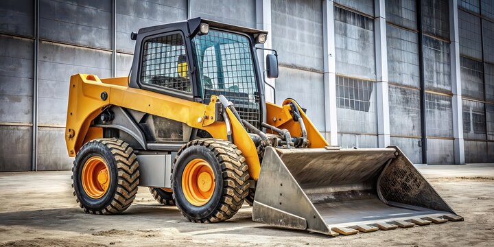 Skid steer loader in side view with raised bucket, Construction, equipment, machinery, industrial, vehicle, loader