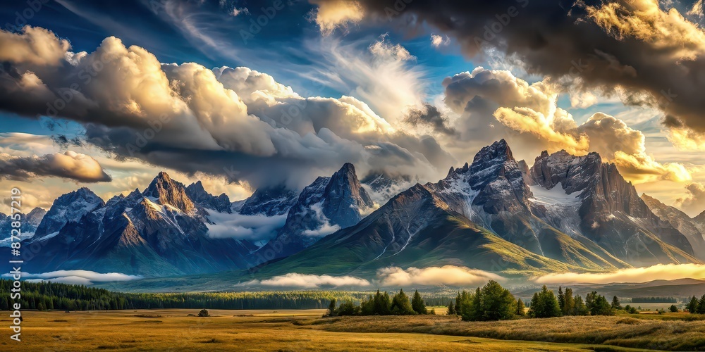 Poster Majestic landscape with towering mountains and billowing clouds, nature, scenery, sky, majestic, mountains, clouds