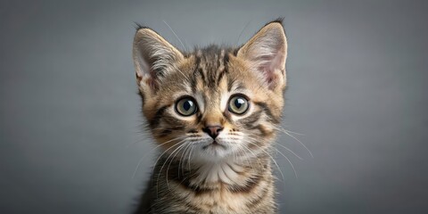 Obraz premium Adorable tabby kitten with big eyes on a gray background, tabby, kitten, adorable, cute, fluffy, pet, feline