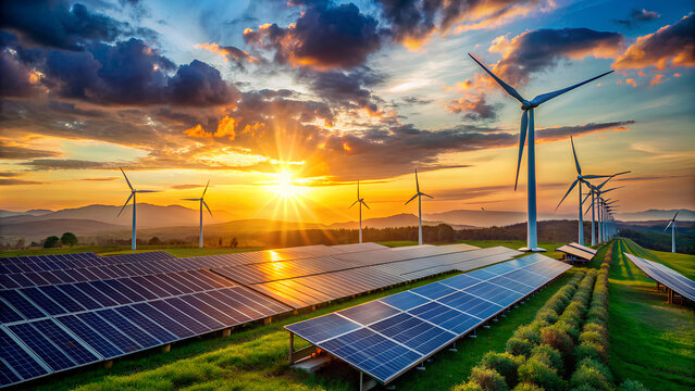 Powerplant with photovoltaic panels and eolic turbine. clean energy