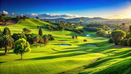Naklejka premium An idyllic golf course with lush green fairways, rolling hills, and a clear blue sky , golf, scenery, landscape, fairway