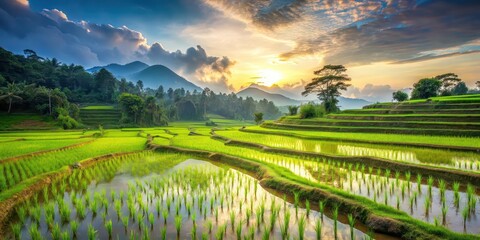 Rice field painting with a serene landscape filled with lush greenery , art, painting, texture, nature, agriculture