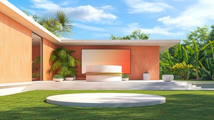 Lavish house lawn with stylish podium, eye-catching billboard mockup. Refined colors and contemporary design for elite gatherings.