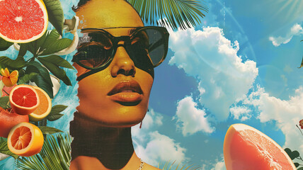 Summer collage with a woman wearing sunglasses and citrus fruit