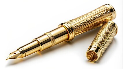 A luxurious golden fountain pen with intricate details and elegant design, gold, fountain pen, luxury