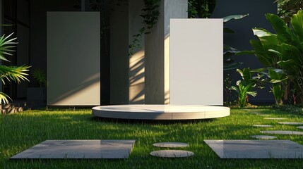 Lavish house lawn with stylish podium, eye-catching billboard mockup. Refined colors and contemporary design for elite gatherings.