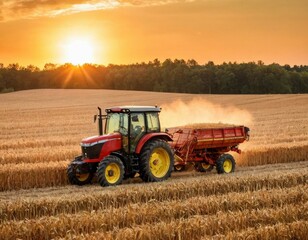 Fototapeta premium A tractor in the field harvesting. Generative ai.