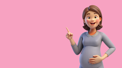 3D rendered cute isolated illustration of a happy pregnant woman pointing her index finger to the side on a colorful pink background space for text. concept - motherhood, health, medicine