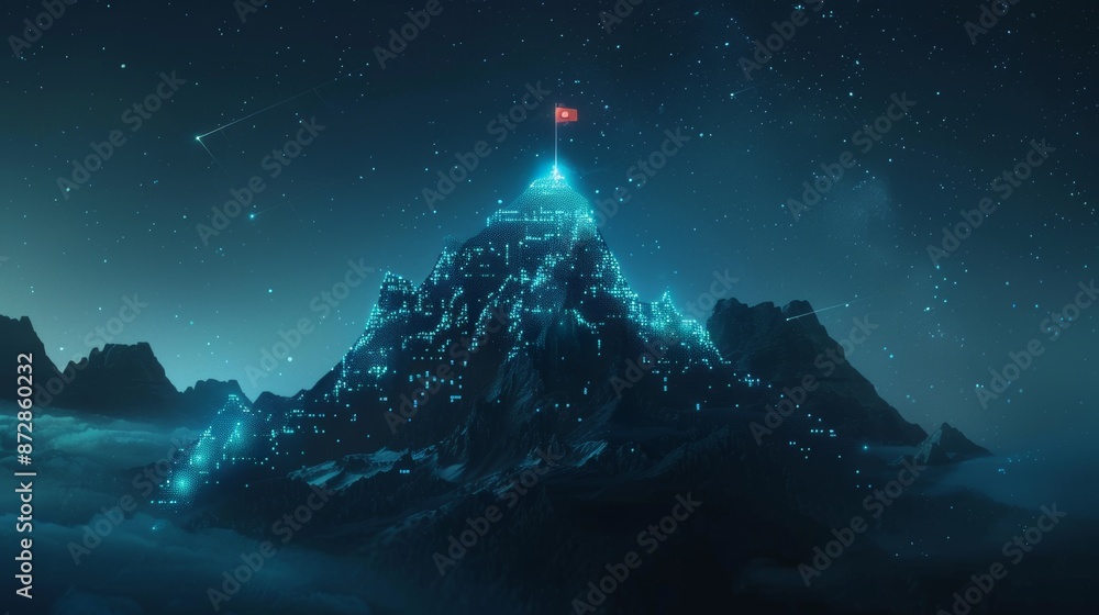 Poster the path to the top of the mountain. the path to success in business. in this case, the flag is made