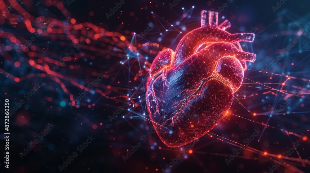 Leinwandbilder This is an abstract diagram of a heartbeat or cardiogram on a dark background using lines, dots, and polygons. It is designed in the form of a futuristic wireframe curve of a cardiology rhythm that