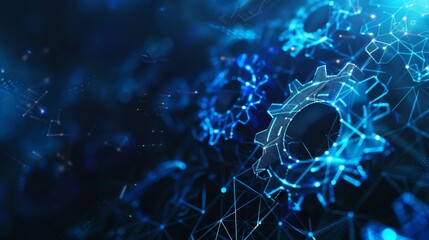 The illustration is an abstraction of three cogwheels on a low-poly background. Simple wireframe light connections are shown. Modern 3D graphic concept. Isolated illustration.