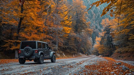 Fototapeta premium High passable vehicle parked on an asphalt road in the mountains with a forest painted in autumn colors