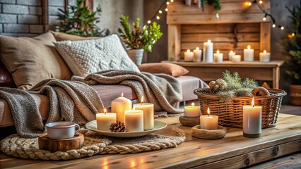 Fototapeta premium Cozy and welcoming hygge-inspired retreat filled with warm blankets, candles, and rustic decor, hygge, retreat, cozy, warm
