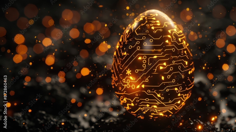 Poster in this techy futuristic style greeting card, a glowing digital illustration of a 3d egg resembles a