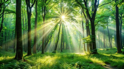 Lush green forest with sun rays filtering through the trees, nature, beauty, serene, tranquil, landscape, environment