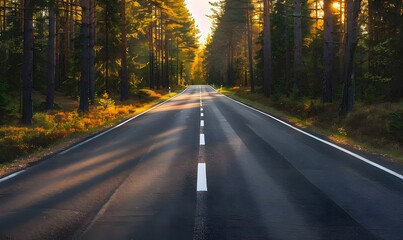 Fototapeta premium Scenic Road Through Forest at Sunset