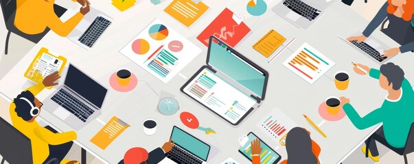 Creative Digital Marketing Team Brainstorming with Colorful Icons and Tools