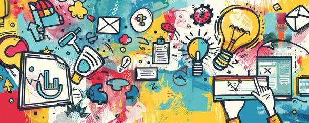 Digital Marketing Team Brainstorming with Colorful Tools and Icons