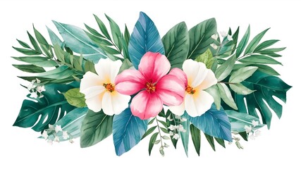 Obraz premium Tropical spring floral green leaves and flowers isolated on a white background, bouquets greeting or wedding card decoration, watercolor.