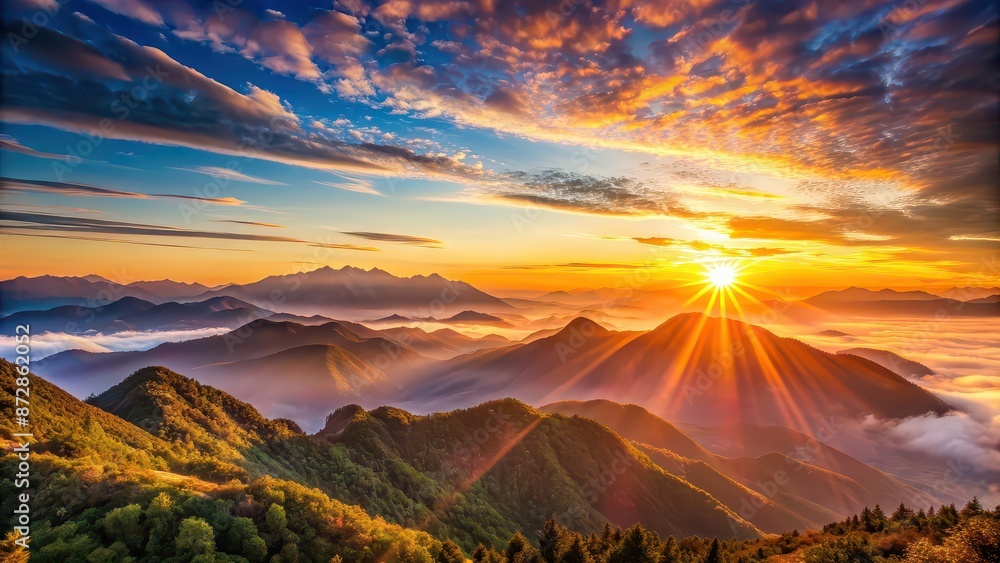 Poster Sunrise creeping over a dramatic mountain range, showcasing the beauty of nature, landscape, sunrise, mountain, range, majestic