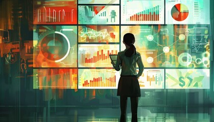 Analyzing Digital Marketing Metrics - Detailed Illustration of Engaged Business Professional Monitoring Data on Large Screen