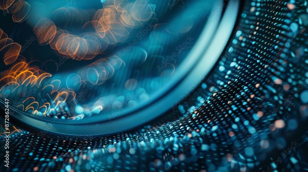 Poster digital forensics or cyber forensics concept, magnifying glass analyzing fingerprints via digital el