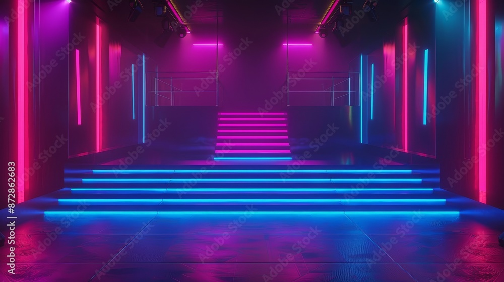 Poster display on stage with glowing neon dots. modern art illustration of a large lcd display on a black b