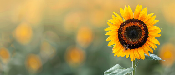 Fototapeta premium Bright sunflower with a bee in a sunny field, showcasing nature's beauty and the pollination process.