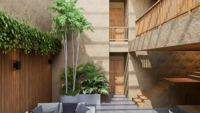 Animation of modern contemporary loft style rustic room interior decorated with nature plant 3d render there are concrete floor clay wall sunlight entering the room from above