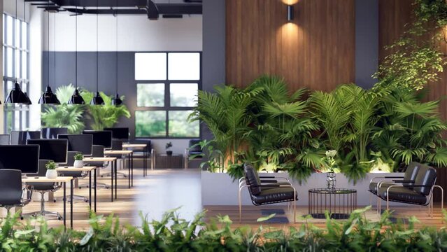 Animation of modern industrial loft style office interior decorated with green nature 3d render, There are wooden floor and plank wall, large window overlooking nature view