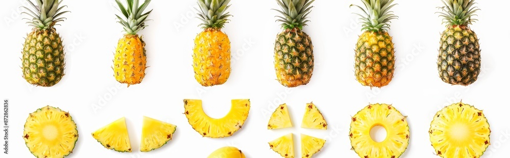 Poster pia colada slices isolated on white background. composition of juicy fruit design elements with focu