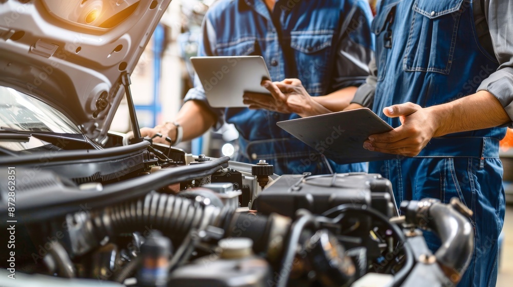 Poster a modern auto repair shop contains an apprentice watching a mechanic scan and interpret engine error